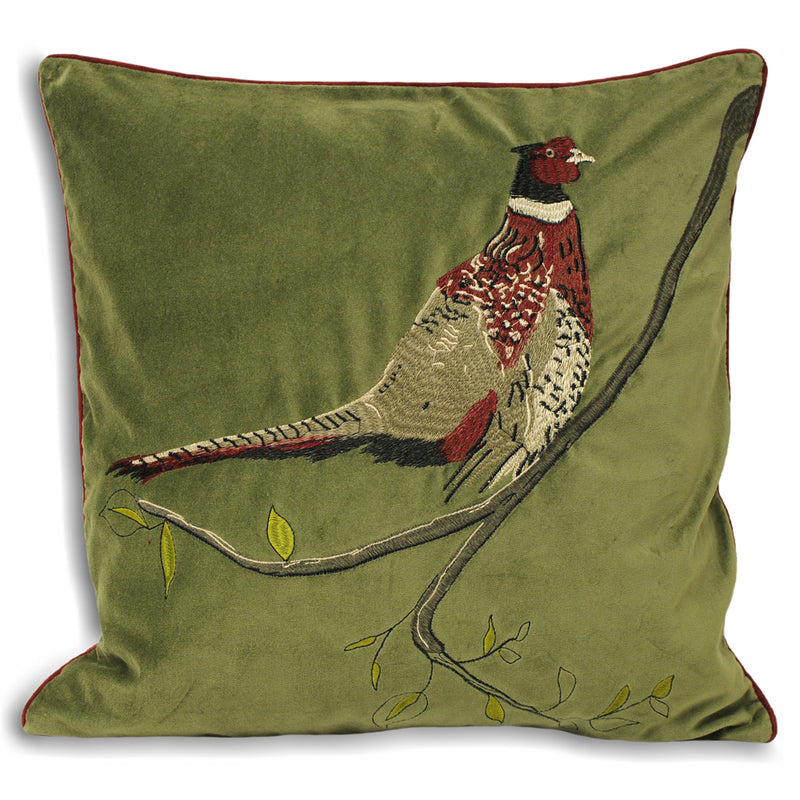 Paoletti Hunter Velvet Pheasant Cushion Cover in Green