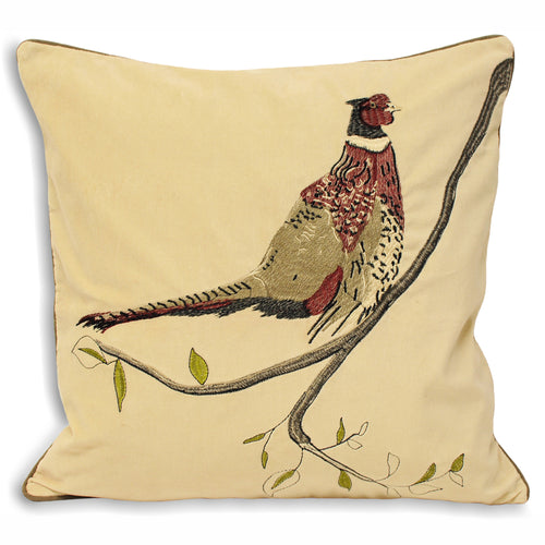 Animal Cream Cushions - Hunter Velvet Pheasant Cushion Cover Natural Paoletti