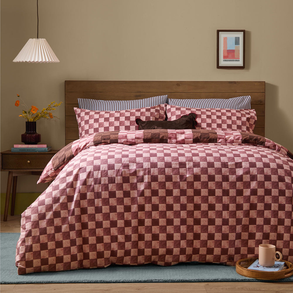 Huxley Reversible Checkerboard Duvet Cover Set Chocolate/Blush