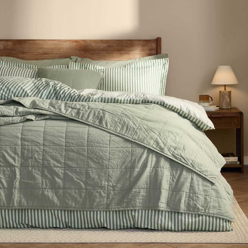 Plain Green Bedding - Hebden Quilted Washed Cotton Bedspread Bay Green Yard