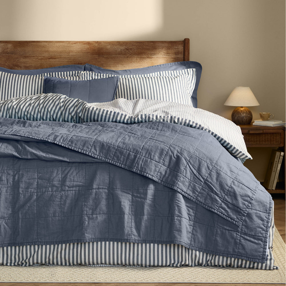 Plain Blue Bedding - Hebden Quilted Washed Cotton Bedspread Denim Blue Yard