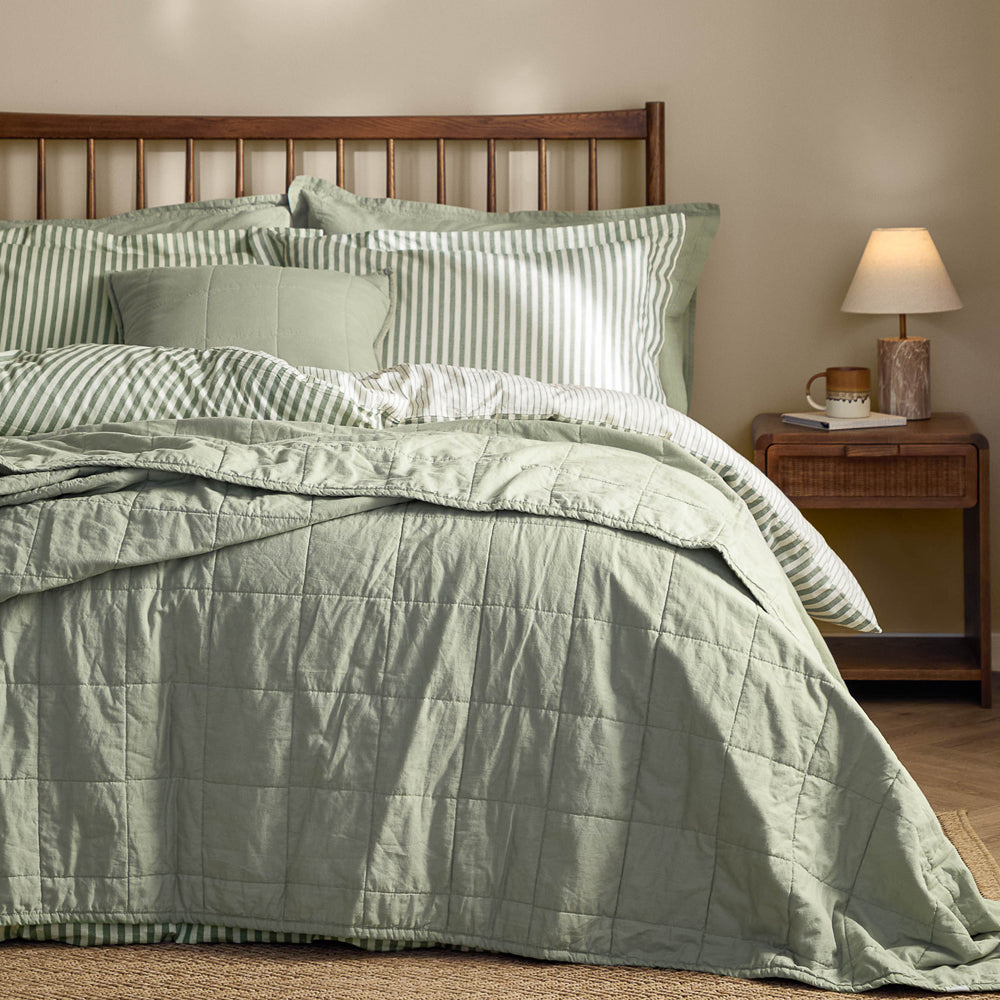 Hebden Quilted Washed Cotton Bedspread Bay Green