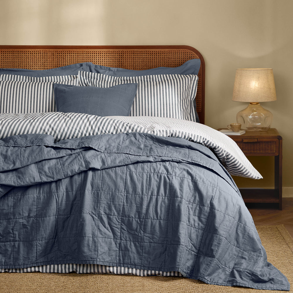 Hebden Quilted Washed Cotton Bedspread Denim Blue