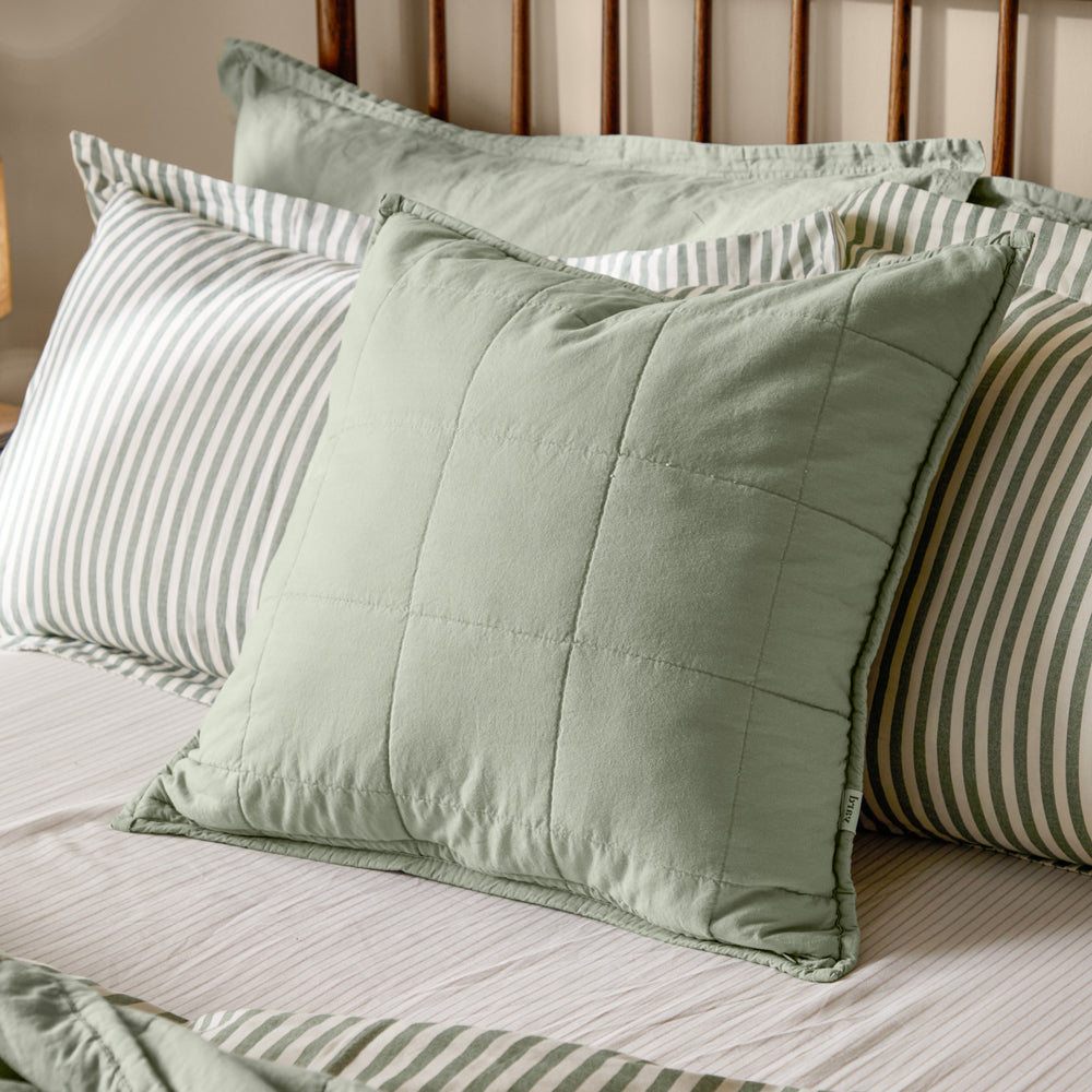 Plain Green Cushions - Hebden Quilted Washed Cotton Cushion Cover Bay Green Yard