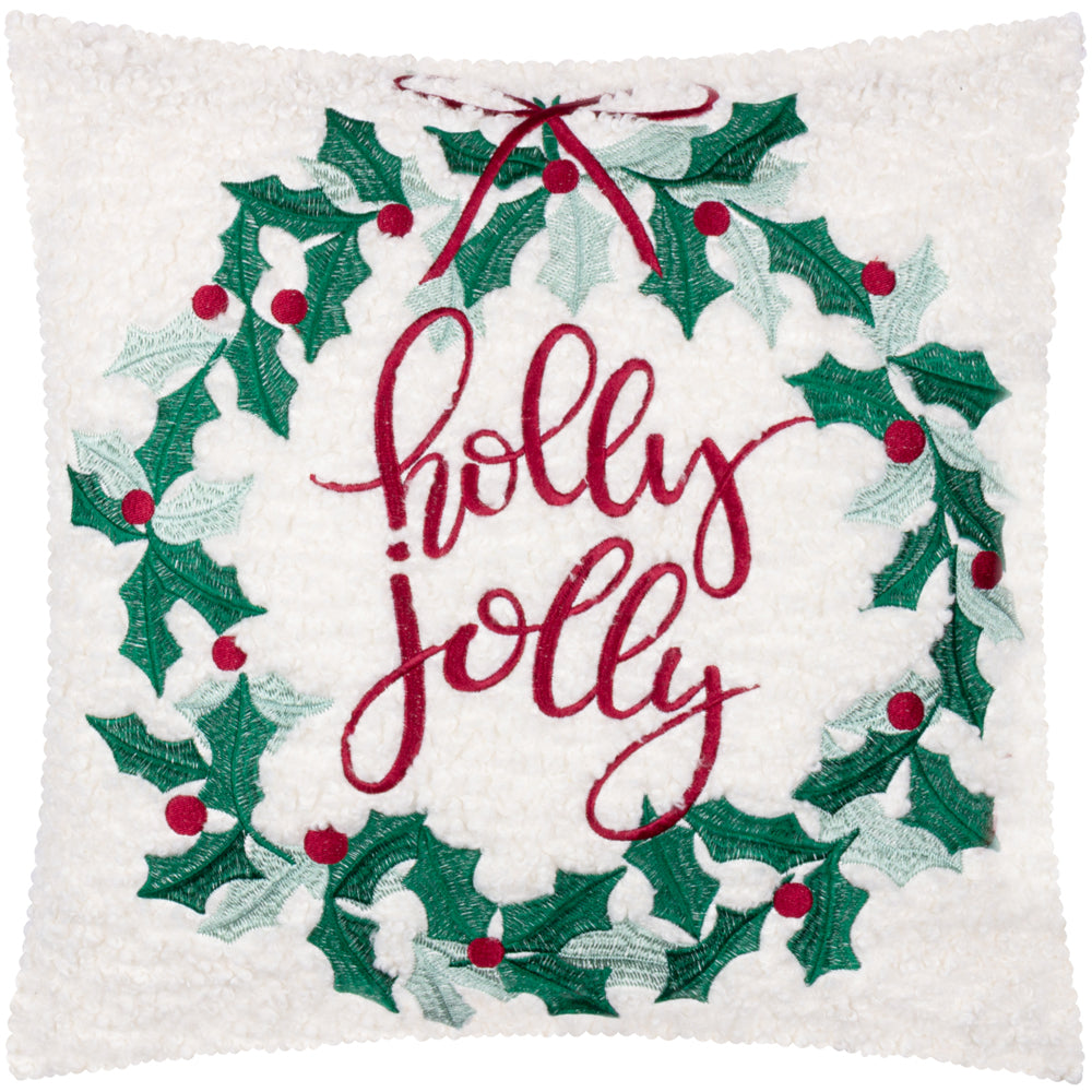 Holly Wreath Embroidered Cushion Multicolour