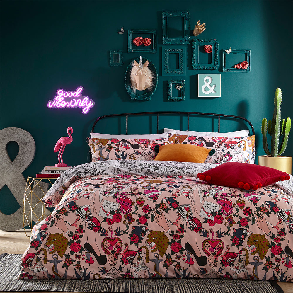 Abstract Pink Bedding - Inked Tattoo Inspired Duvet Cover Set Blush furn.