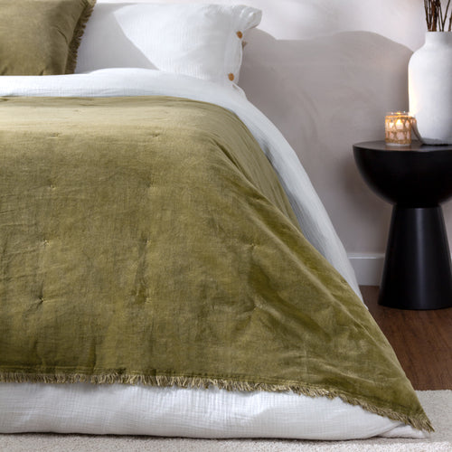 Plain Green Bedding - Jaye Cotton Velvet Filled Bedspreads Moss Yard