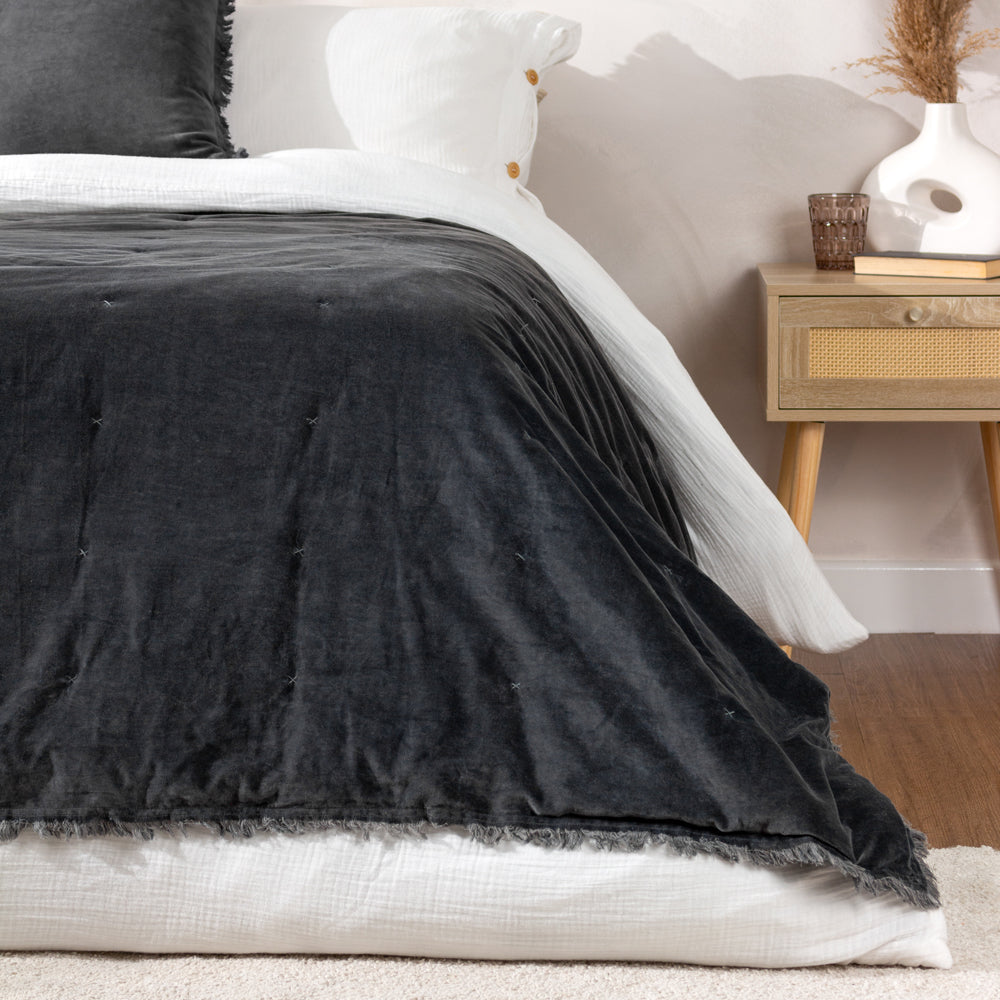 Plain Blue Bedding - Jaye Cotton Velvet Filled Bedspreads Slate Yard