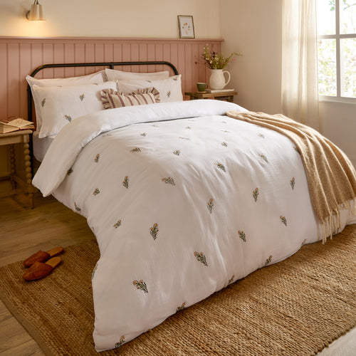 Floral White Bedding - Josephine Embroidered Muslin Duvet Cover Set White/Pink Wylder