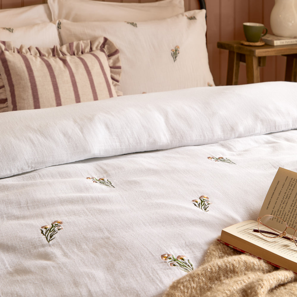 Josephine Embroidered Muslin Duvet Cover Set White/Pink