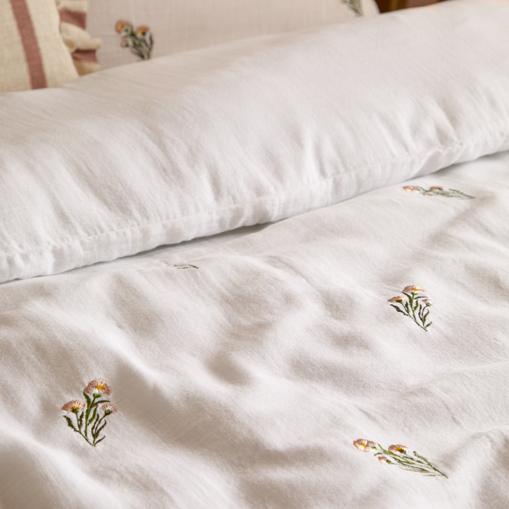 Josephine Embroidered Muslin Duvet Cover Set White/Pink