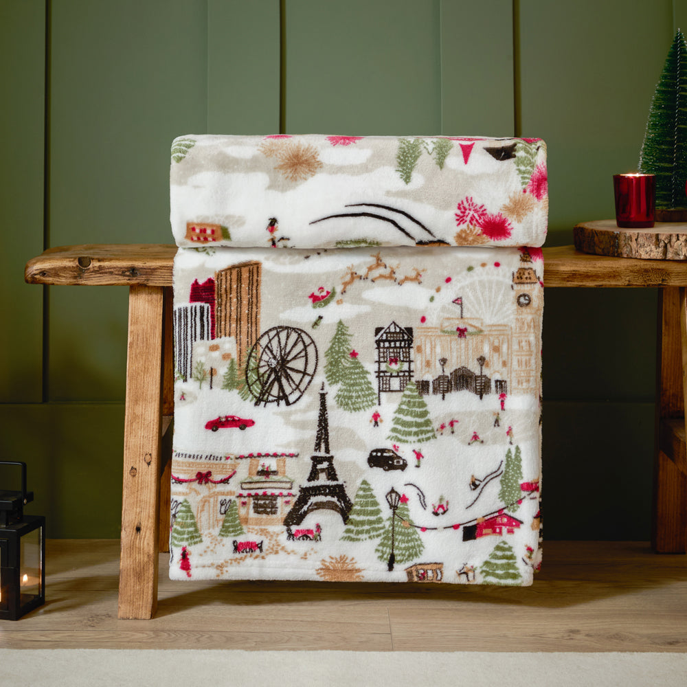Global Cream Throws  - Joy To All Printed Fleece Throw Cream Furn