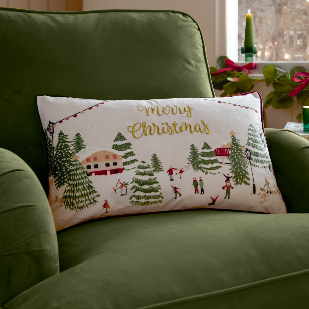 Joy To All Beige Embroidered Velvet Cushion Cover | Snow Berry
