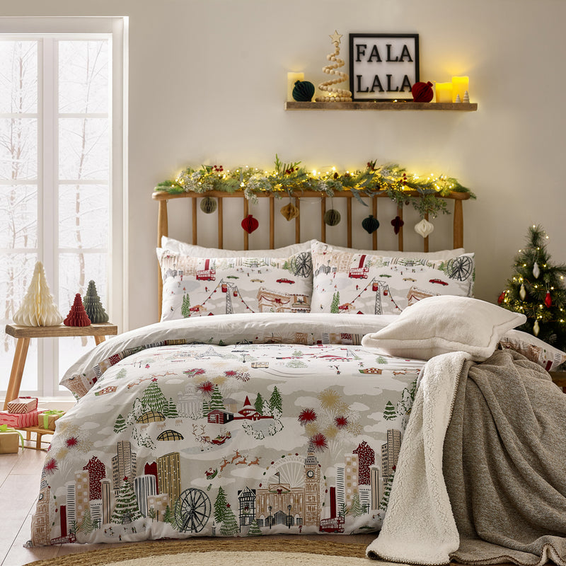  White Bedding  - Joy To All Printed Duvet Cover Set Snow/Berry Furn