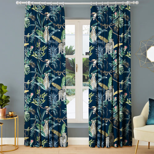 Animal Blue M2M - Jungle Leopard Midnight Made to Measure Curtains Evans Lichfield