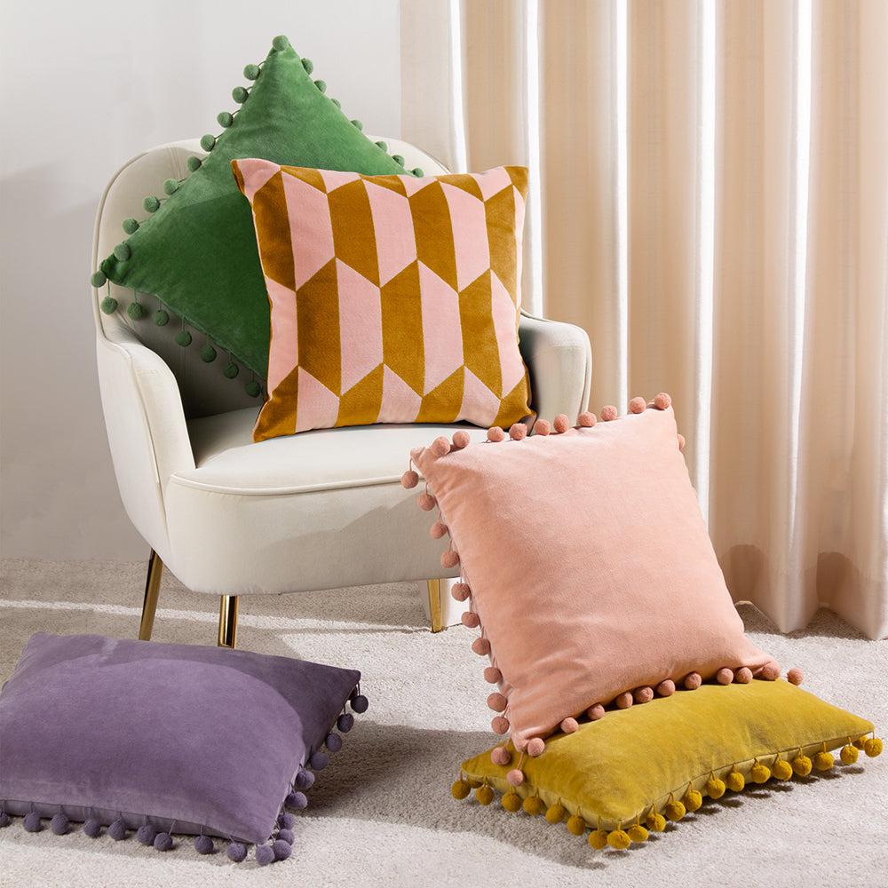 Kalho Geometric Velvet Cushion Pink/Ochre