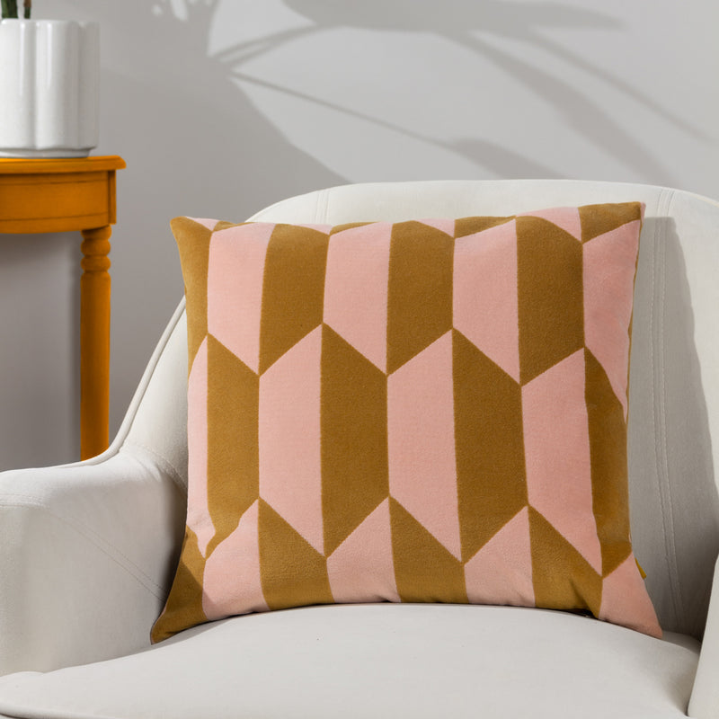 Geometric Pink Cushions - Kalho Geometric Velvet Cushion Cover Pink/Ochre furn.