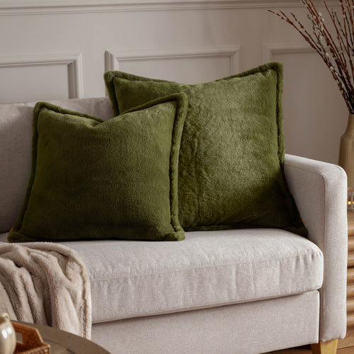 Plain Green Cushions - Kallu Faux Fur Cushion Cover Olive furn.