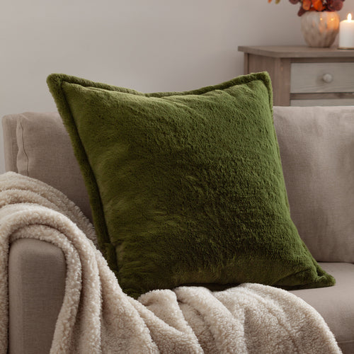 Plain Green Cushions - Kallu Faux Fur Cushion Cover Olive furn.