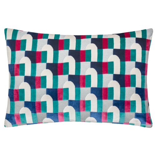 Geometric Blue Cushions - Keela Cut Velvet Cushion Cover Magenta/Blue Paoletti