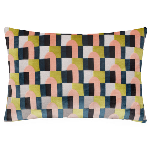Geometric Pink Cushions - Keela Cut Velvet Cushion Cover Pink/Avo Green Paoletti
