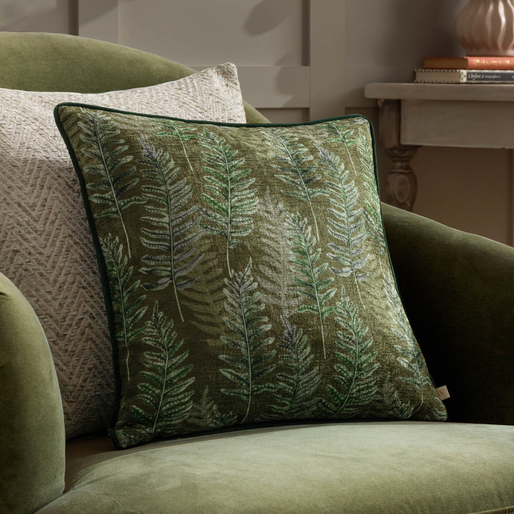 Kielder Forest Green Printed Velvet Cushion Cover | Kahki Cushions