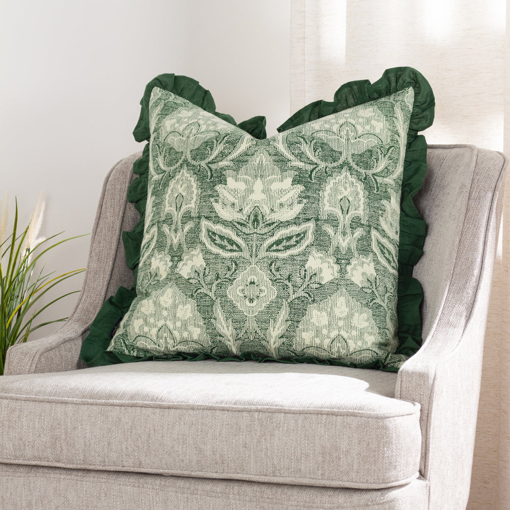 Kirkton Green Floral Pleat Fringe Cushion Cover Bottle Green Cushions Paoletti furn