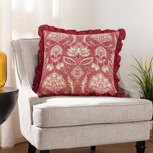 Floral Red Cushions - Kirkton Floral Pleat Fringe Cushion Cover Redcurrent Paoletti