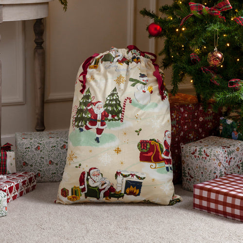 Jolly Santa Printed Velvet Xmas Stocking + Sack Multicolour