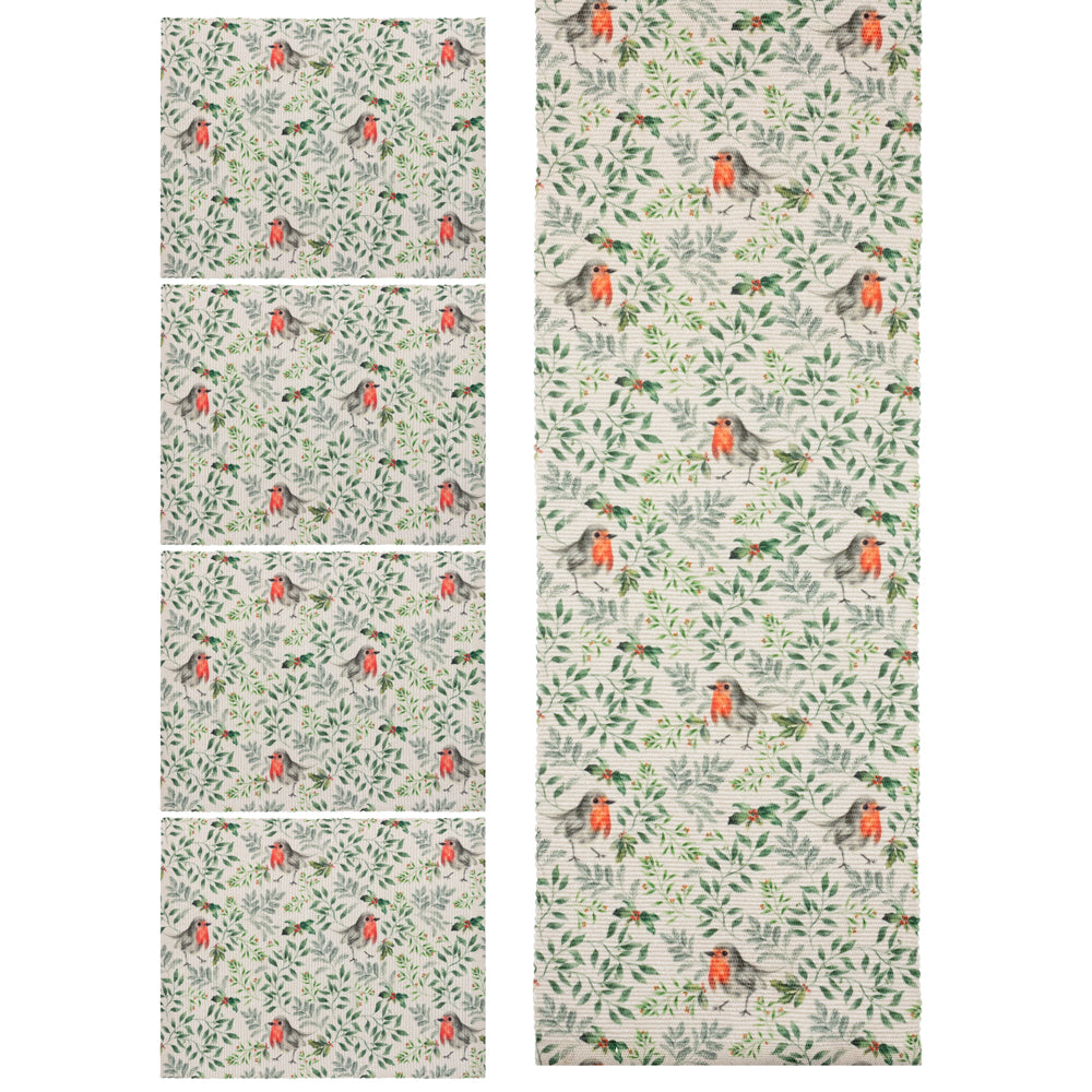 Robin Digitally Printed Table Runner + Placemat Green