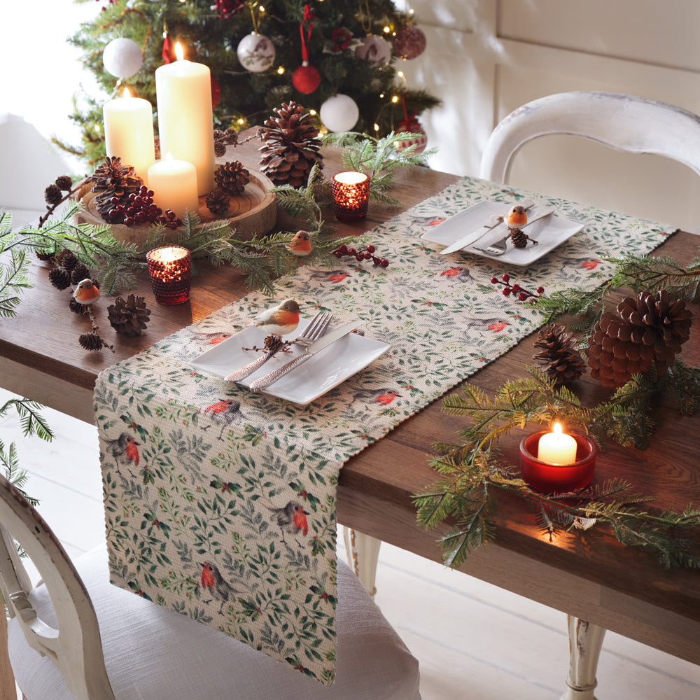 Robin Digitally Printed Table Runner + Placemat Green