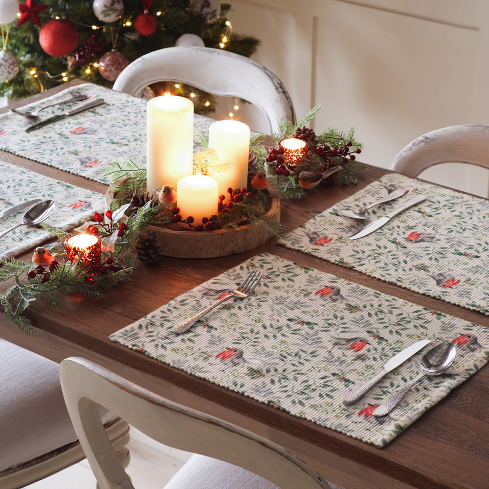 Robin Digitally Printed Table Runner + Placemat Green