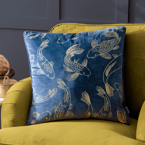 Animal Blue Cushions - Koi Pond Embroidered Velvet Cushion Cover Navy Paoletti