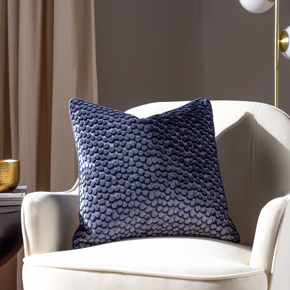 Spotted Blue Cushions - Lanzo Cut Velvet Piped Cushion Cover Dusk HÖEM