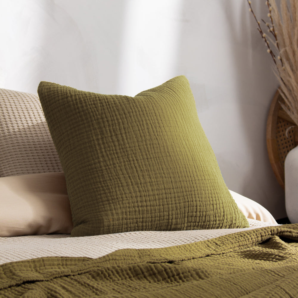 Plain Green Cushions - Lark Muslin Crinkle Cotton Cushion Cover Khaki Yard