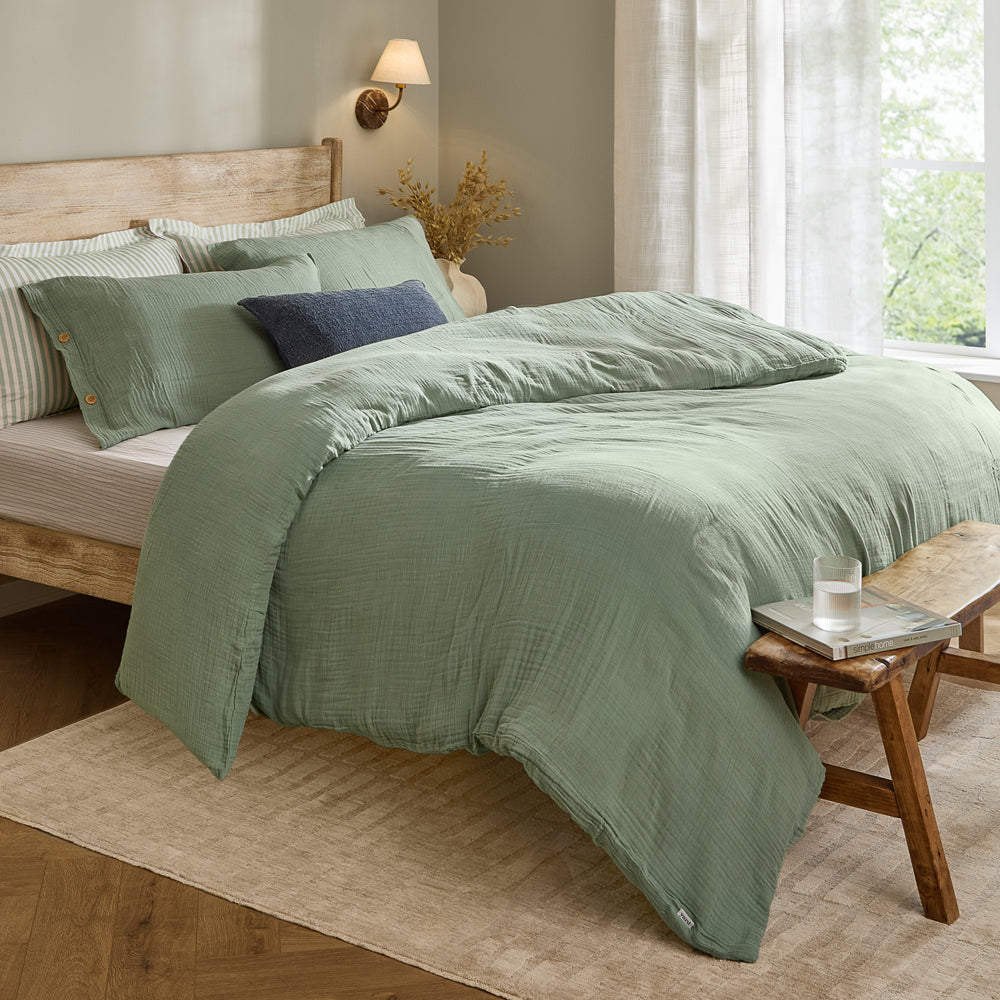 Plain Green Bedding - Lark Cotton Muslin Duvet Cover Set Eucalyptus Yard