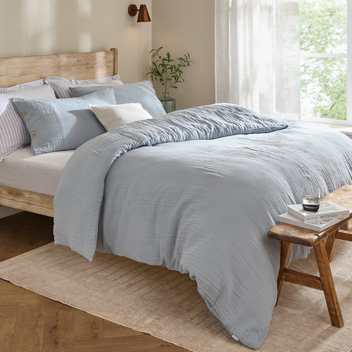 Plain Blue Bedding - Lark Muslin 100% Cotton Duvet Cover Set Mineral Blue Yard