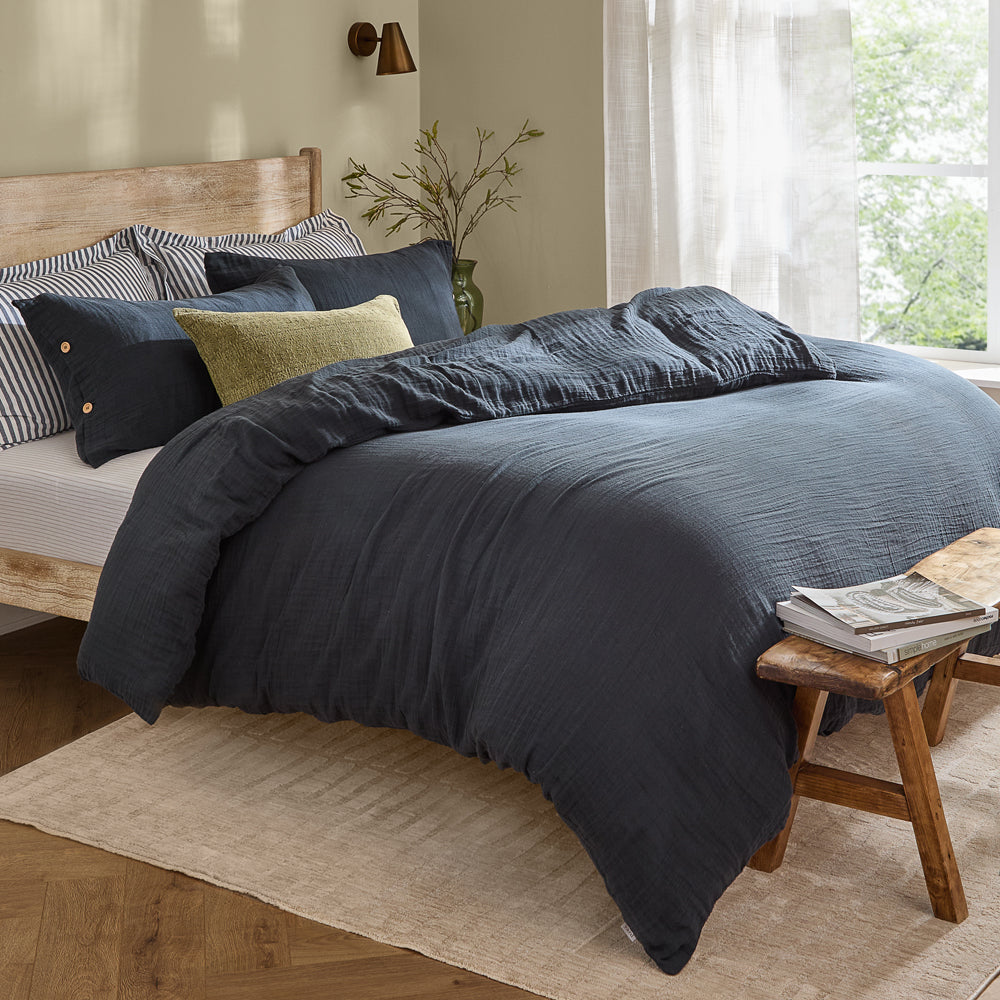 Plain Blue Bedding - Lark Cotton Muslin Duvet Cover Set Navy Yard