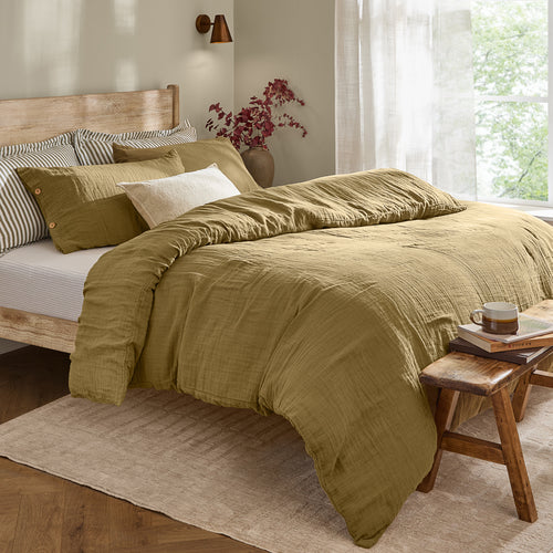 Plain Green Bedding - Lark Muslin 100% Cotton Duvet Cover Set Olive Yard