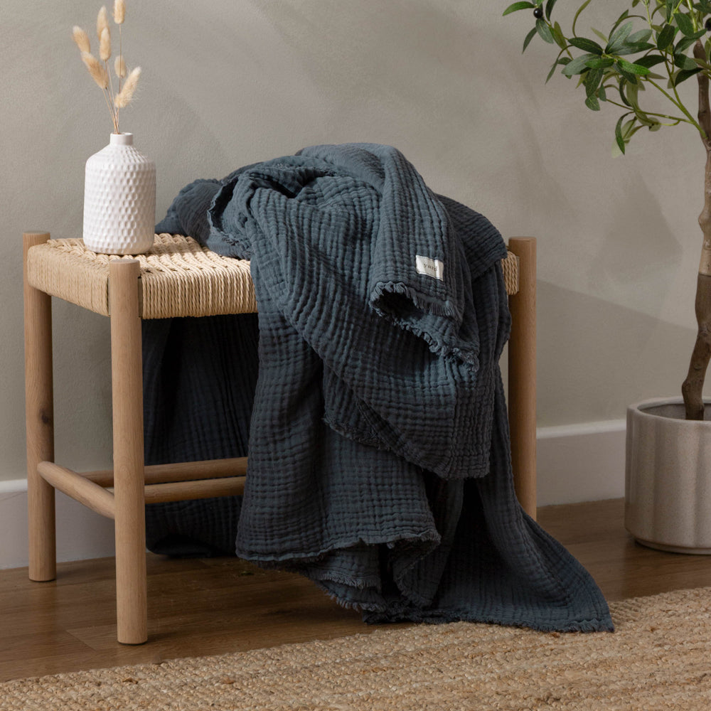 Plain Blue Throws - Lark Muslin Cotton Throw Dusk Yard
