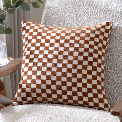 Check Orange Cushions - Larro Chenille Checkerboard Cushion Cover Copper Hoem