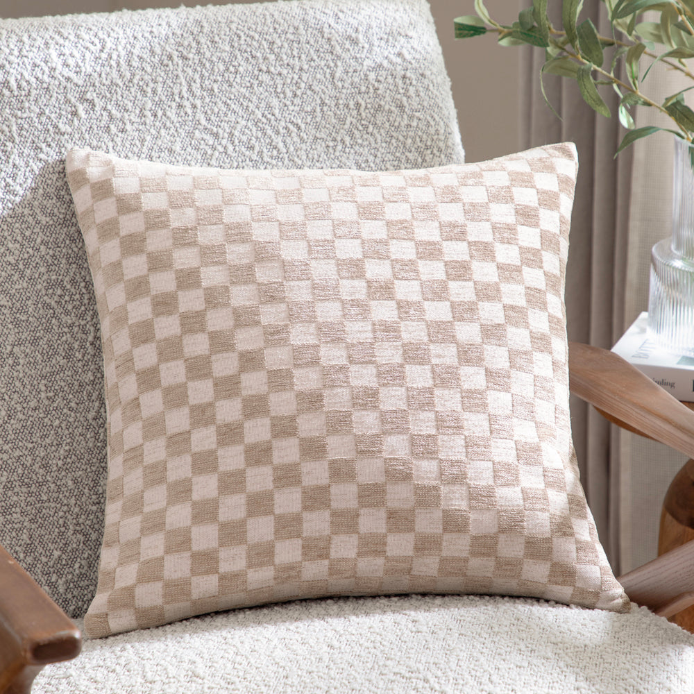 Check Beige Cushions - Larro Chenille Checkerboard Cushion Cover Natural Hoem