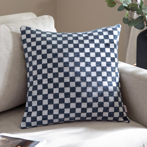 Check Blue Cushions - Larro Chenille Checkerboard Cushion Cover Slate Blue Hoem