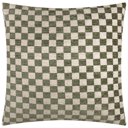 Check Green Cushions - Larro Chenille Checkerboard Feather Filled Cushion Smoke Green Hoem