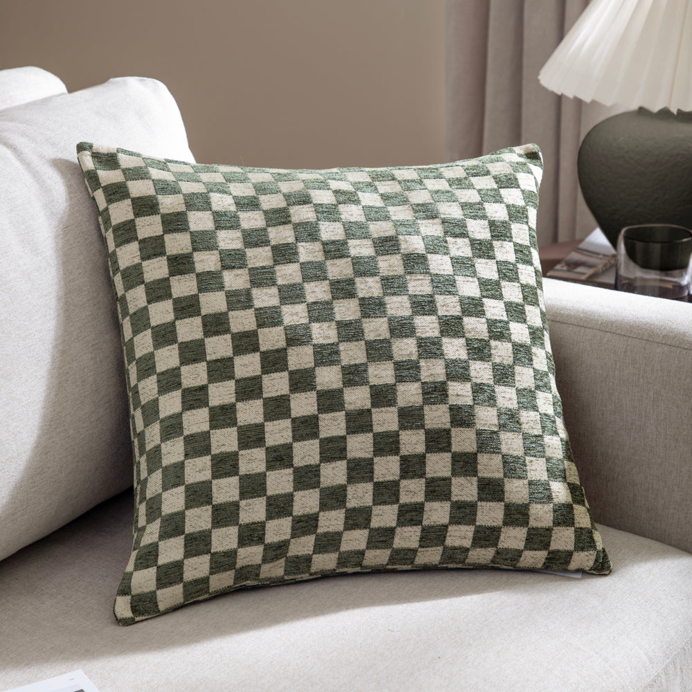 Check Green Cushions - Larro Chenille Checkerboard Cushion Cover Smoke Green Hoem