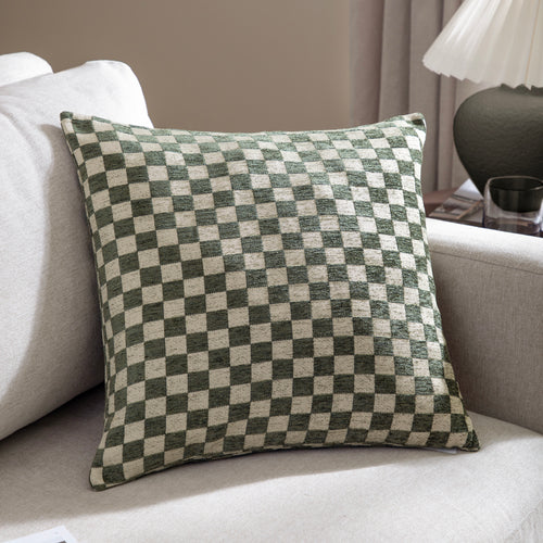 Check Green Cushions - Larro Chenille Checkerboard Cushion Cover Smoke Green Hoem