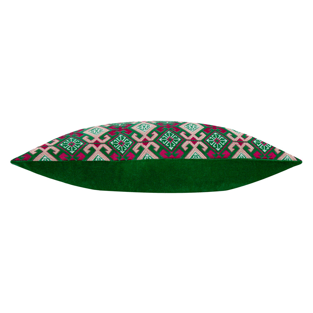 Laurel Embroidered Velvet Cushion Cerise/Jade
