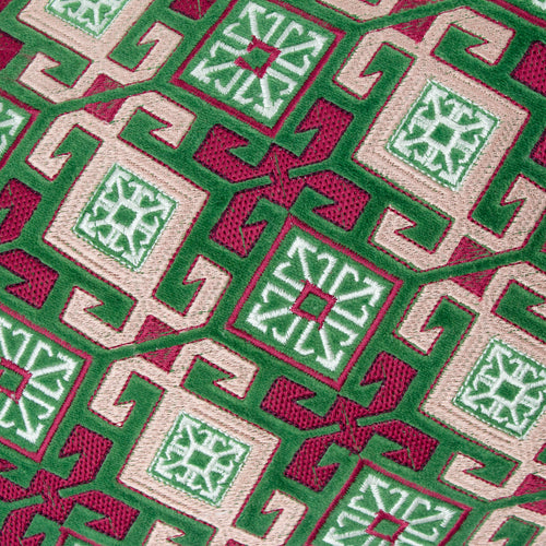 Geometric Green Cushions - Laurel Embroidered Velvet Cushion Cover Cerise/Jade Paoletti - Seventy Three