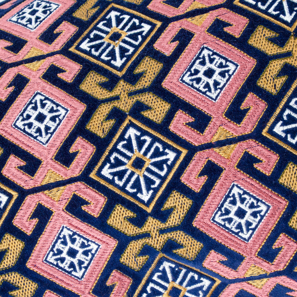 Laurel Embroidered Velvet Cushion Rose/Blue