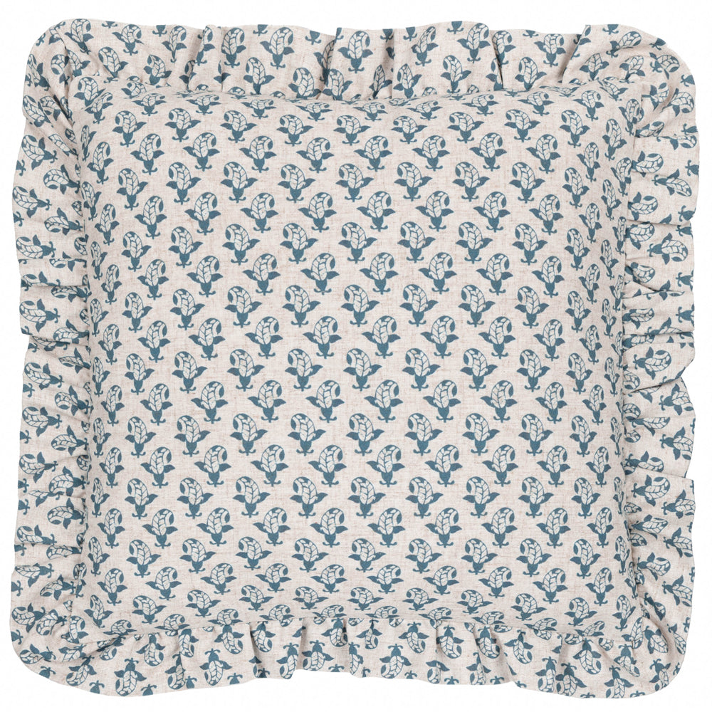 Lulah Block Printed Ruffle Cushion Linen/Blue
